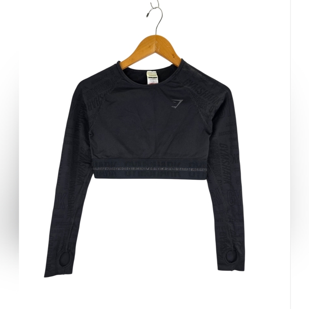 Gymshark Women’s Vision Long Sleeve Crop Top Logo Athletic Black Size Medium‎